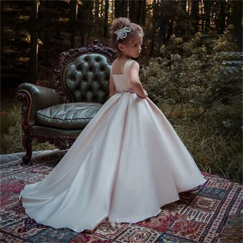 Rožinė Satino Gėlių Mergaitės Suknelė Nėrinių Aplikacijos Vestuvių Princesė Pirmoji Komunija Pritaikymas Birthday Party Dress