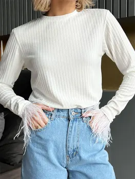 Rudenį Plunksnos Kratinys O-Kaklo moteriški Marškinėliai Y2k Mados Liesas ilgomis Rankovėmis su Briaunomis Viršuje 2023 Lady Mados Streetwear Tshirts
