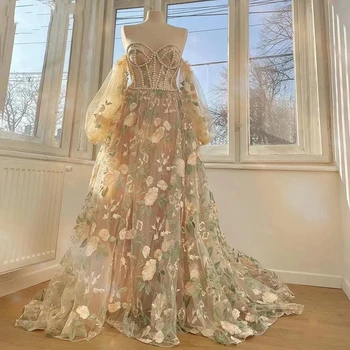 Smėlio Spalvos Gėlių Siuvinėjimas Brangioji Sluoksniuotos Rankovėmis Ir Nėrinių-Line Prom Dresses 2023 Princesė Perlai Korsetas Nėrinių Suknelės, Šaliai