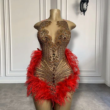 Sparkly Luxury Gold Diamond Moterys Gimtadienio Oficialią Chalatai Seksualus Matyti Per Raudona Plunksna Juoda Merginos Trumpas Prom Dresses 2023