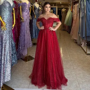 Tamsiai Raudona Off Peties Prom Dresses Arabijos Moterų Berankovis Blizgučiai Maxi Suknelė Oficialus Vestido De Novia