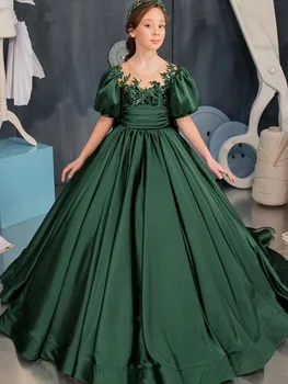 Tamsiai Žalia Gėlių Mergaitės Suknelė Gana Mergaitė, Suknelė Princesė Dress Pirmosios Komunijos Suknelė Bžūp Rankovėmis Mergina Vestuves Dresss