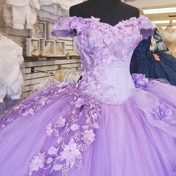 Vaivorykštės Prabanga Levandų Kamuolys Suknelė Quinceanera Prom Dresses Off Peties Perlai Puošnios Nėrinių-up Atgal 3D Gėlių Žiedai Plius