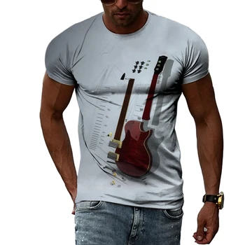 Vasaros Mados Kūrybos Vaizdą vyriški T-shirt Cool Apvalios Kaklo trumpomis Rankovėmis Viršuje Gitaros Muziką Priemonė Liepsna Žaisti Priemonė