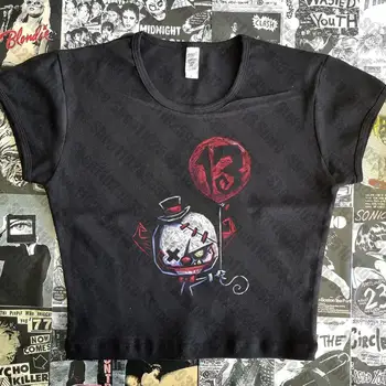 Y2k drabužių Pasėlių Viršuje Vasaros Gotikos Derliaus klounas Grafinis Kūdikių Tee emo Mielas Hip-Hop Moterų Pasėlių viršų trumpomis Rankovėmis Punk Streetwear