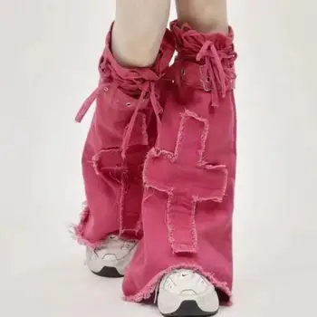 Y2K Moterų Kojų Šildytuvus Kojinės Sweet Pink Cross Džinsinis Harajuku Reguliuojamas Kelio Aukštos Kojinės Japonijos Streetwear Džinsus Kojos Padengti Nauja