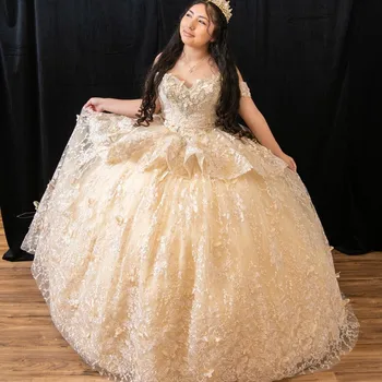 Šampanas Quinceanera Suknelės Princesė Saldus 15 Metų Mergina Gimtadienio Suknelės su Appliques Lankas vestidos de quinceañera